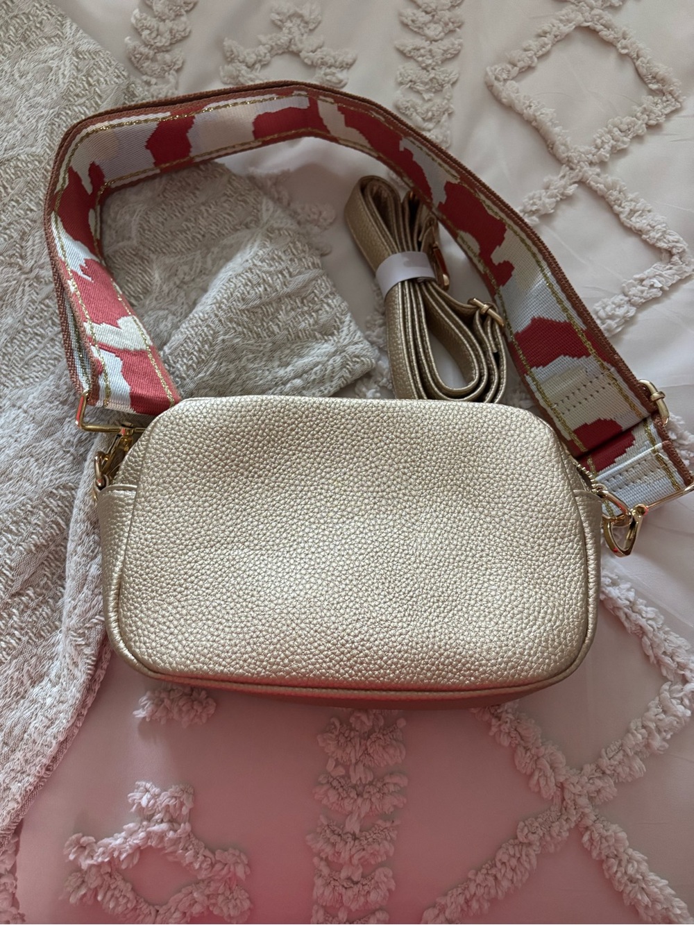 Women's Metallic Gold Crossbody Bag with Detachable Patterned Strap